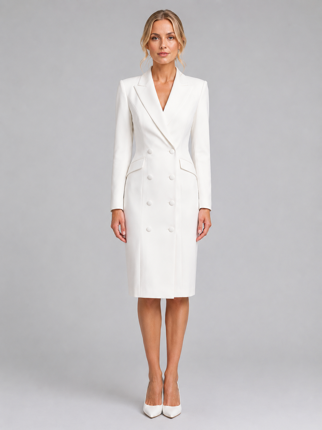 Double Breasted Peak Lapel Blazer Midi Dress