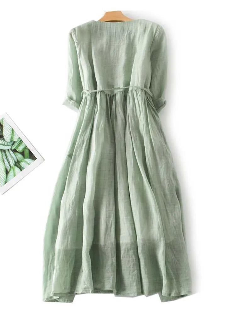 Round Neck Half Sleeve Ruffle Button Tie Waist Linen Midi Dress 2