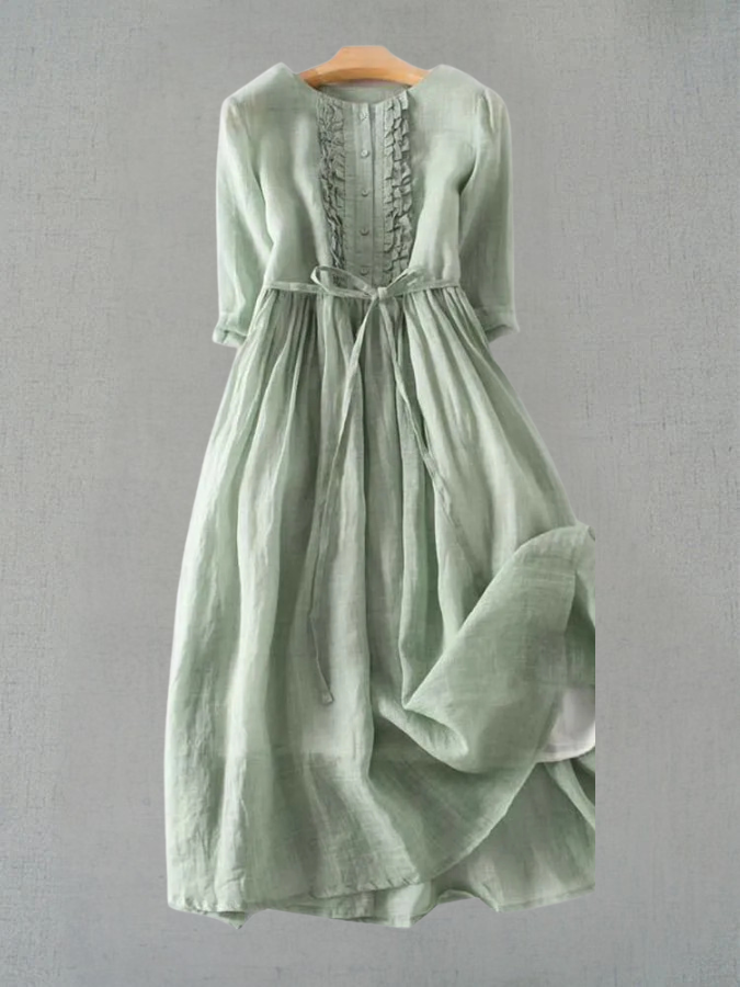 Round Neck Half Sleeve Ruffle Button Tie Waist Linen Midi Dress