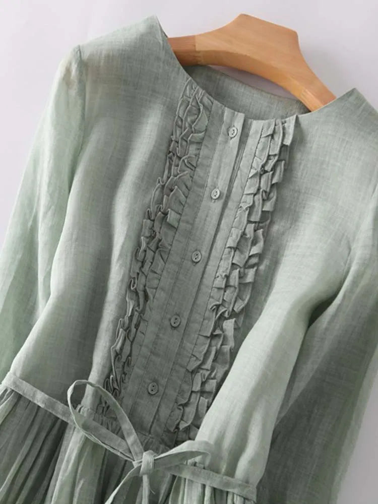Round Neck Half Sleeve Ruffle Button Tie Waist Linen Midi Dress 4