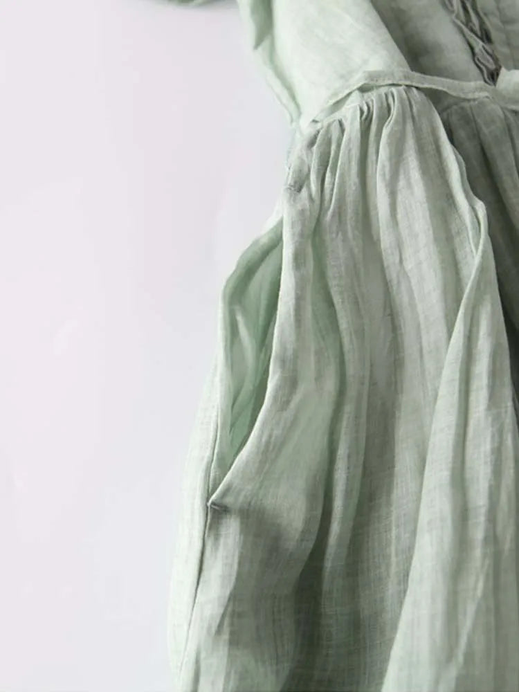 Round Neck Half Sleeve Ruffle Button Tie Waist Linen Midi Dress 5