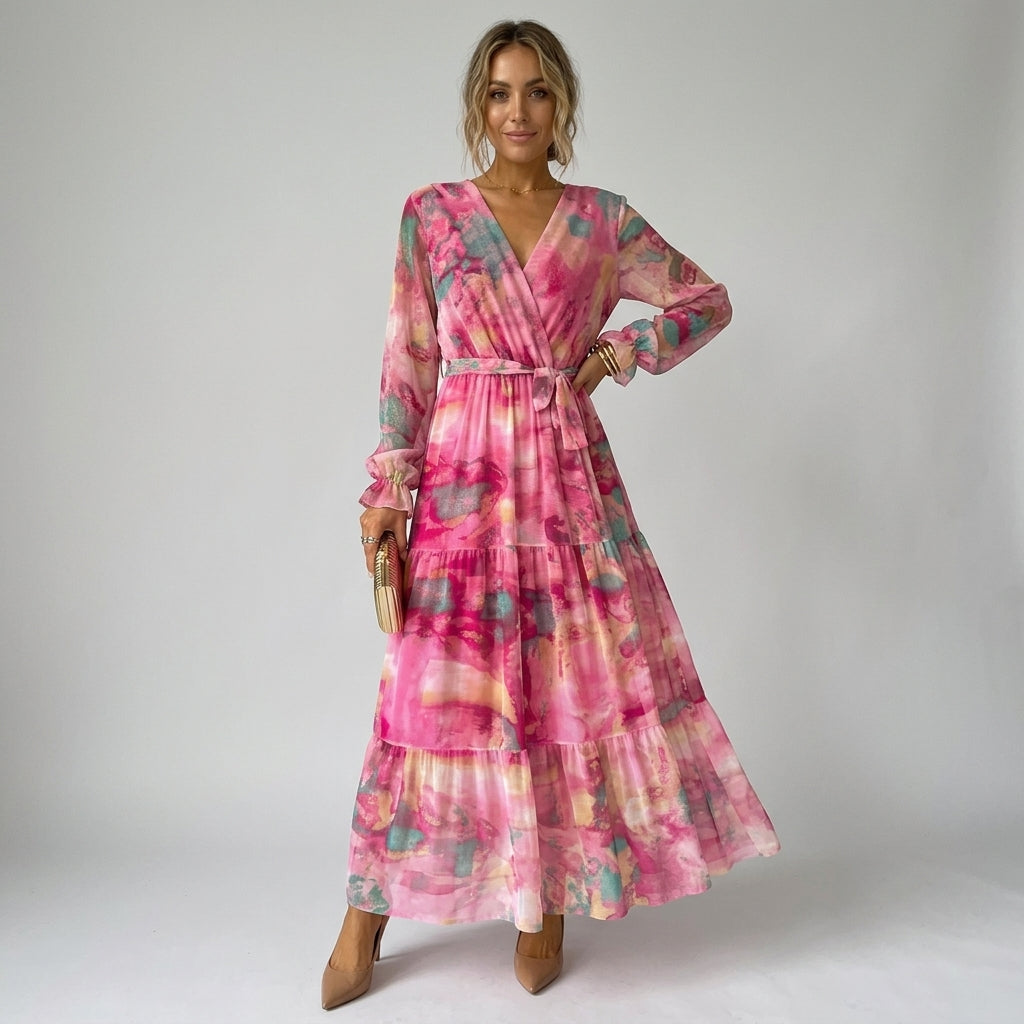 Watercolor Floral Long Sleeve Belted Tiered Wrap Maxi Dress 2
