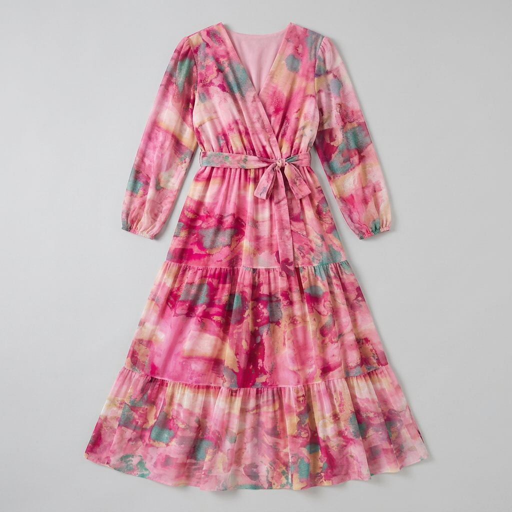 Watercolor Floral Long Sleeve Belted Tiered Wrap Maxi Dress 3