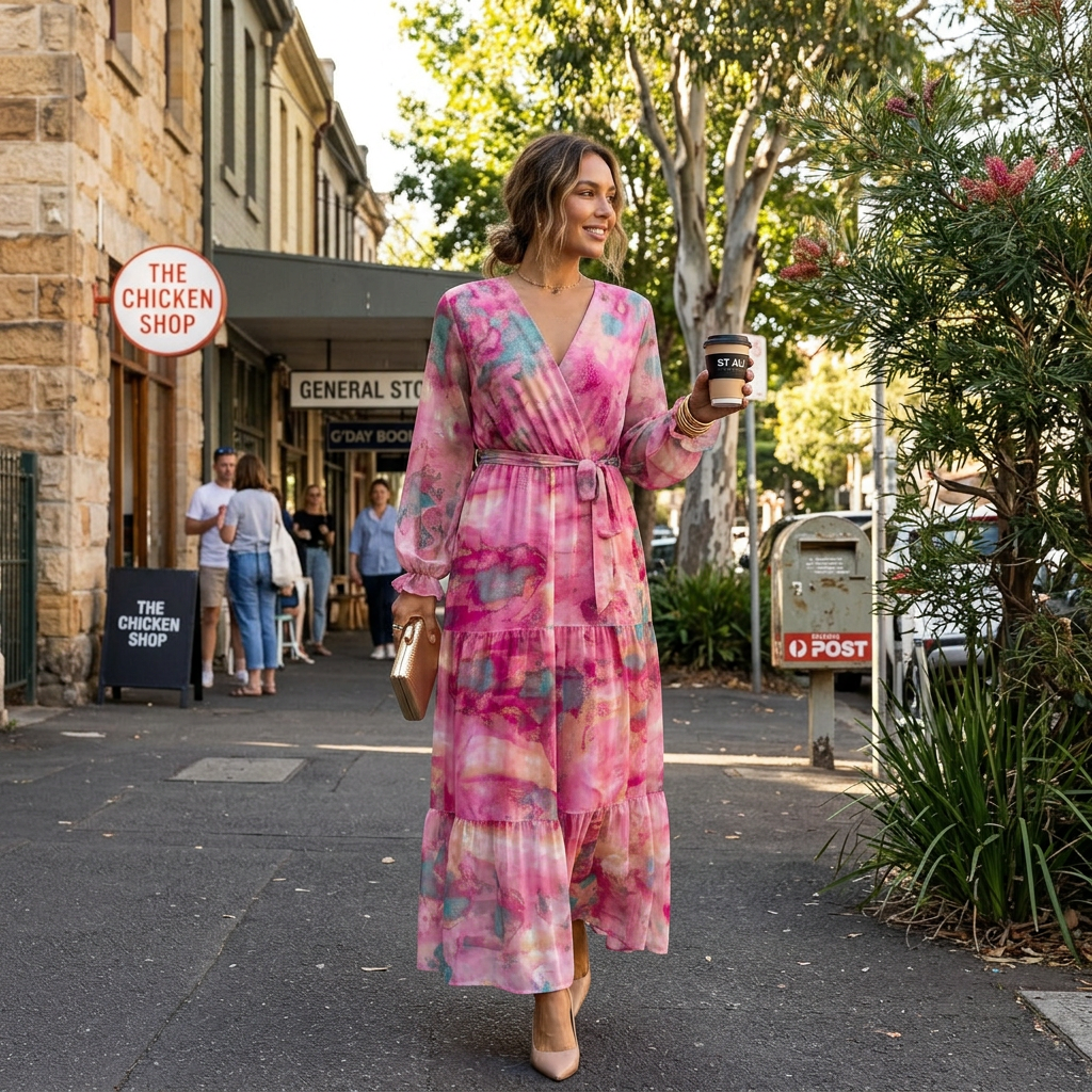 Watercolor Floral Long Sleeve Belted Tiered Wrap Maxi Dress 9