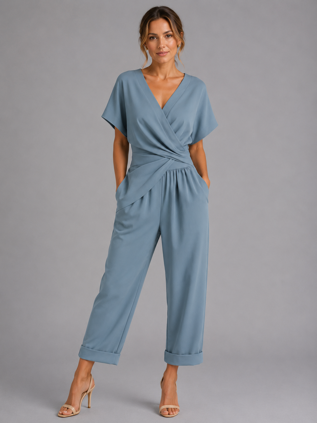 V-Neck Short Sleeve Wrap Front Tapered Jumpsuit 4