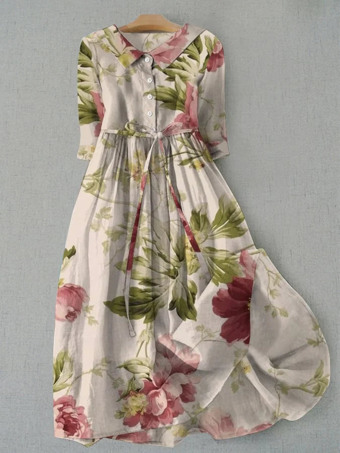 Floral Collared Button Front Belted High Low Midi Dress