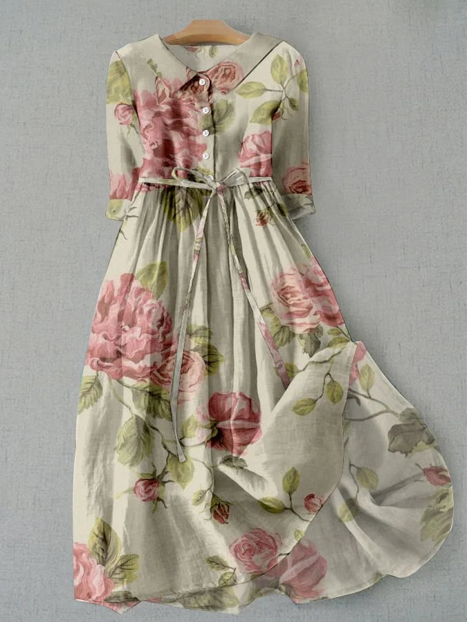 Rose Floral Collared Half Sleeve Belted Midi Dress