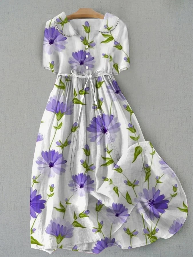 Floral Peter Pan Collar Short Sleeve Tie Waist Midi Dress