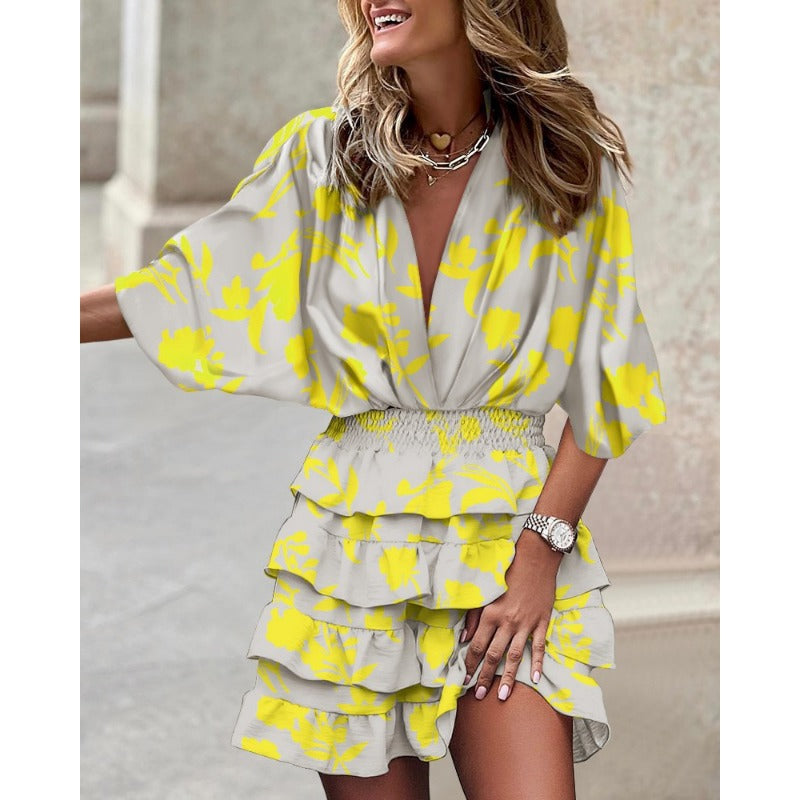 Deep V-Neck Batwing Sleeve Wrap Smocked Waist Tiered Ruffle Mini Dress - View 6