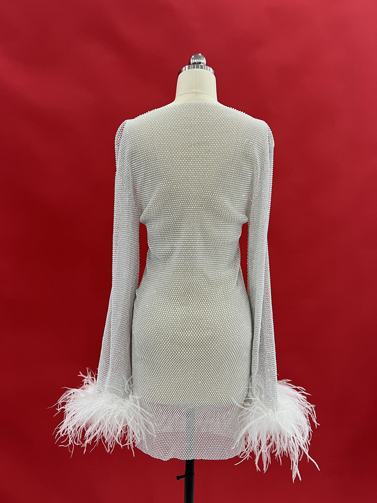 Xanthe Rhinestone Mesh Mini Dress In White - View 8