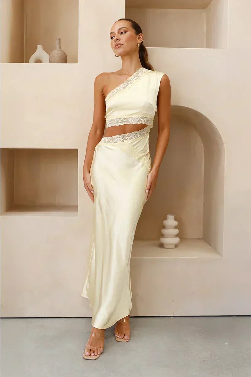 Lace Trim One Shoulder Crop Top and Bias Skirt Two Piece Set