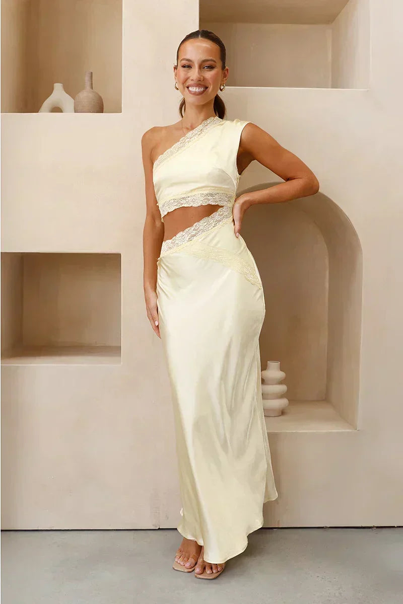 Lace Trim One Shoulder Crop Top and Bias Skirt Two Piece Set 2