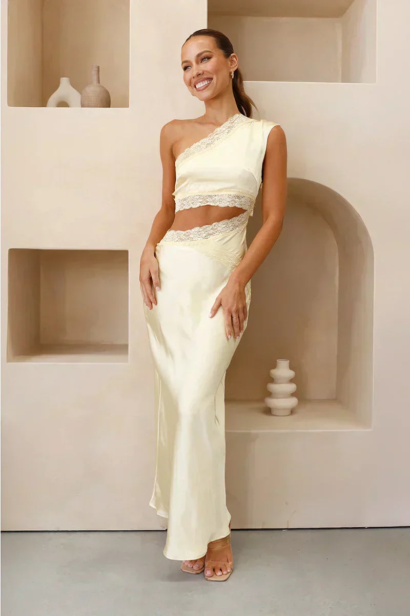 Lace Trim One Shoulder Crop Top and Bias Skirt Two Piece Set 3