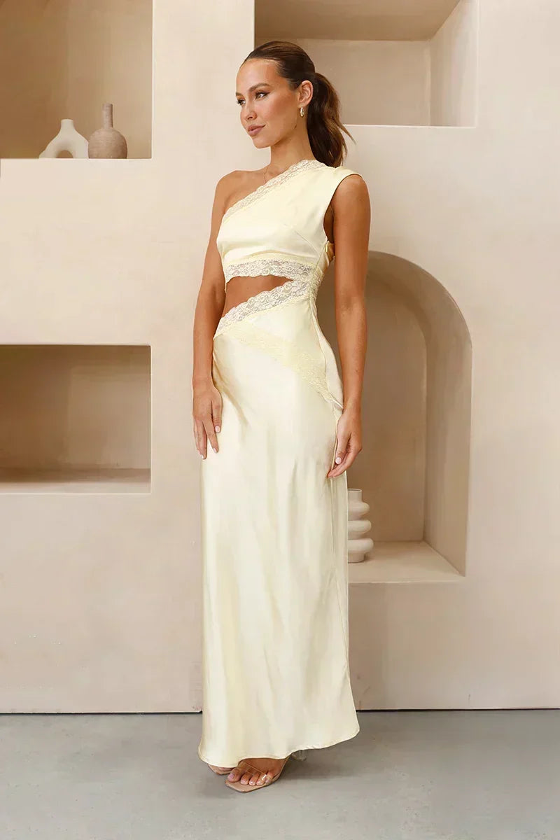 Lace Trim One Shoulder Crop Top and Bias Skirt Two Piece Set 6