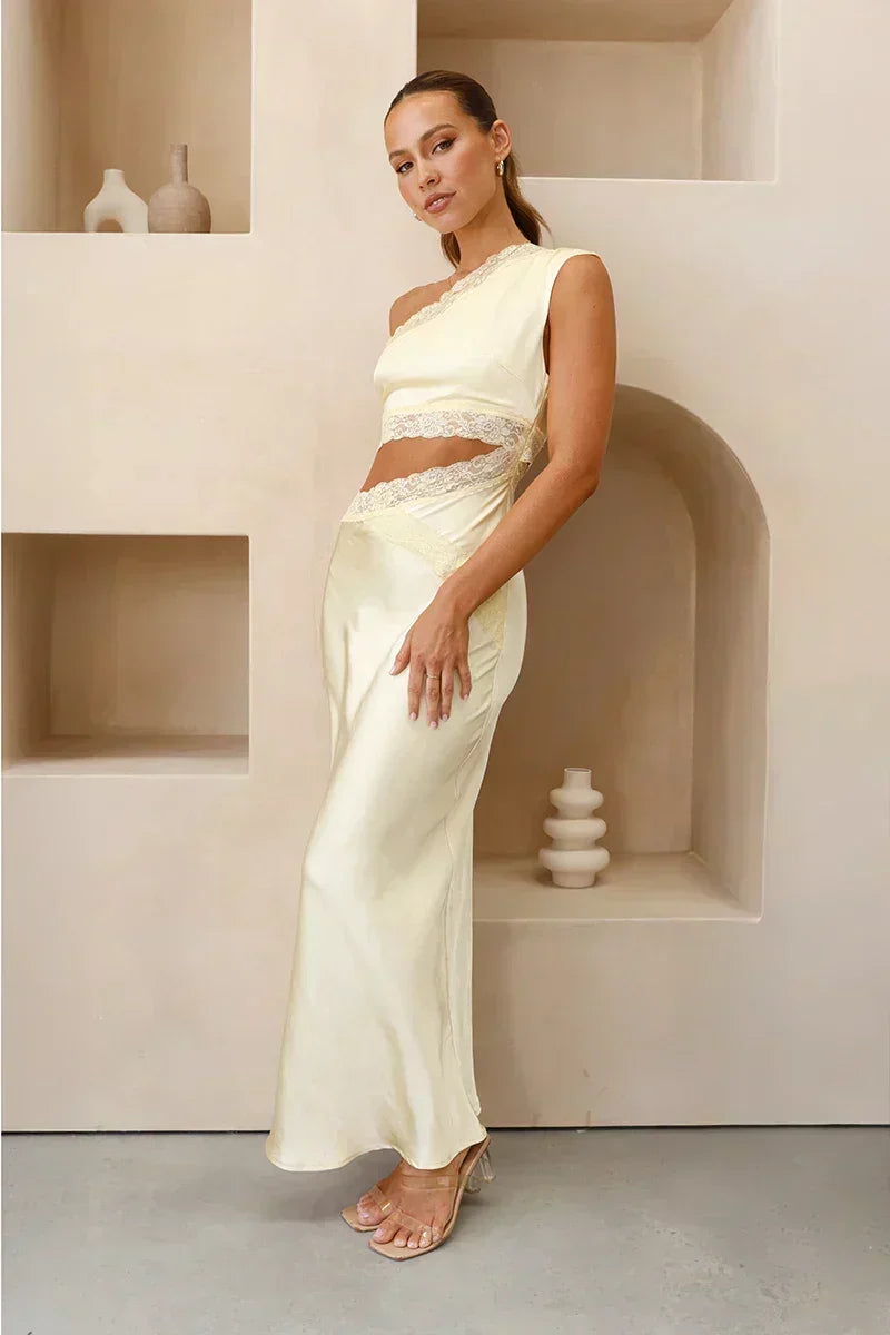 Lace Trim One Shoulder Crop Top and Bias Skirt Two Piece Set 4