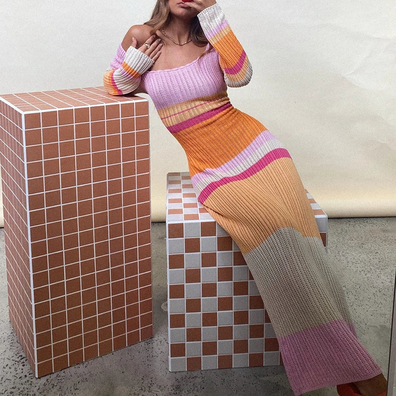 Fernanda Off Shoulder Striped Knit Maxi Dress