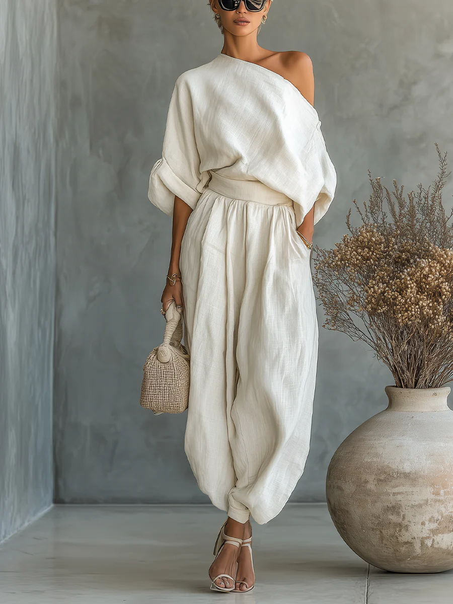 One Shoulder Top and Tapered Pants Two Piece Set