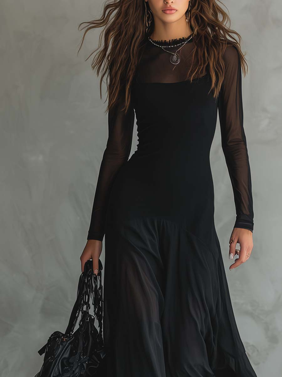 Sheer Mesh Long Sleeve Square Neck Maxi Dress 3