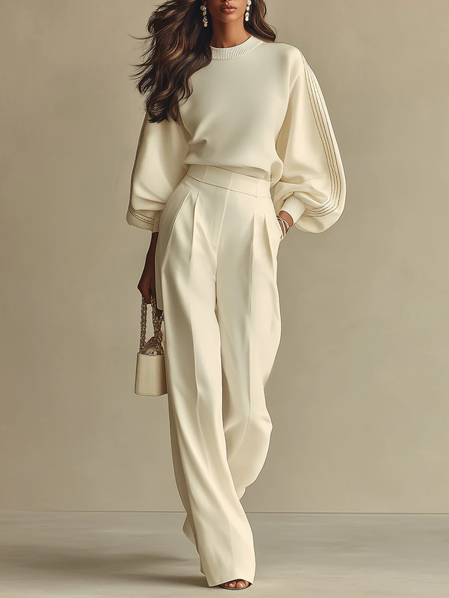 Crew Neck Long Sleeve Top and High Waist Wide Leg Pants Two Piece Set