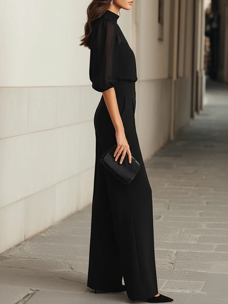 Sheer Puff Sleeve Mock Neck Top and Wide Leg Pants Two Piece Set 4