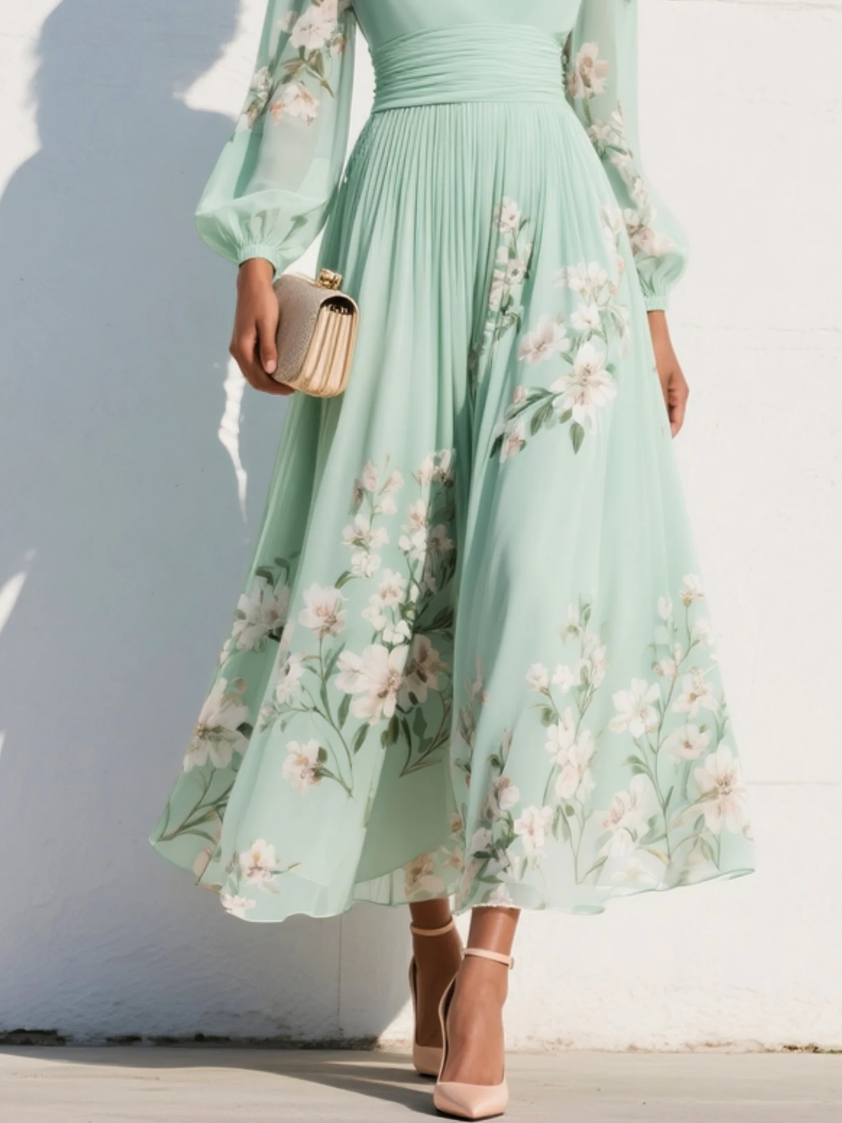 Floral Print V-Neck Long Sleeve Pleated Chiffon Maxi Dress 7