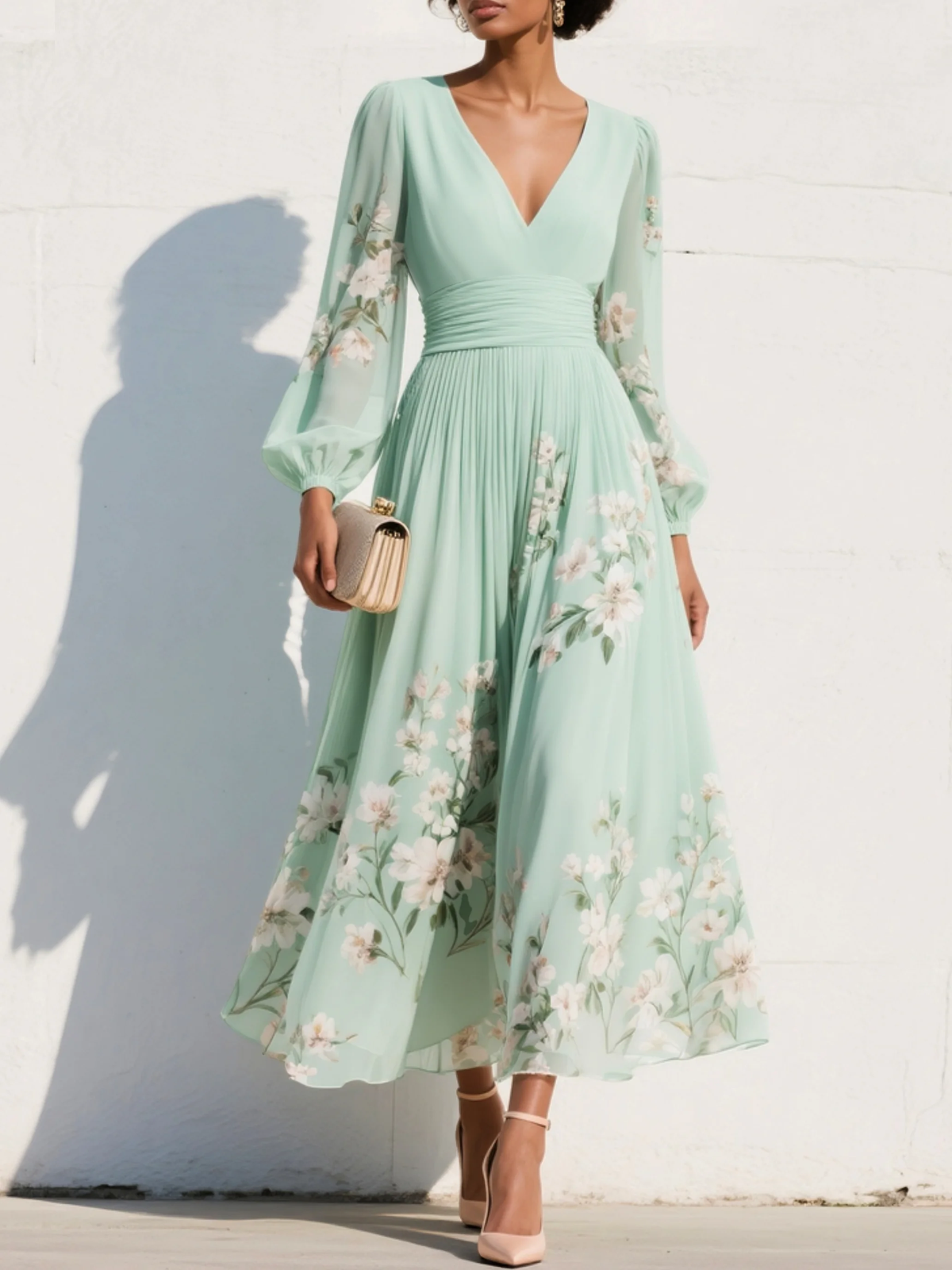Floral Print Deep V-Neck Long Sleeve Pleated Maxi Dress 3