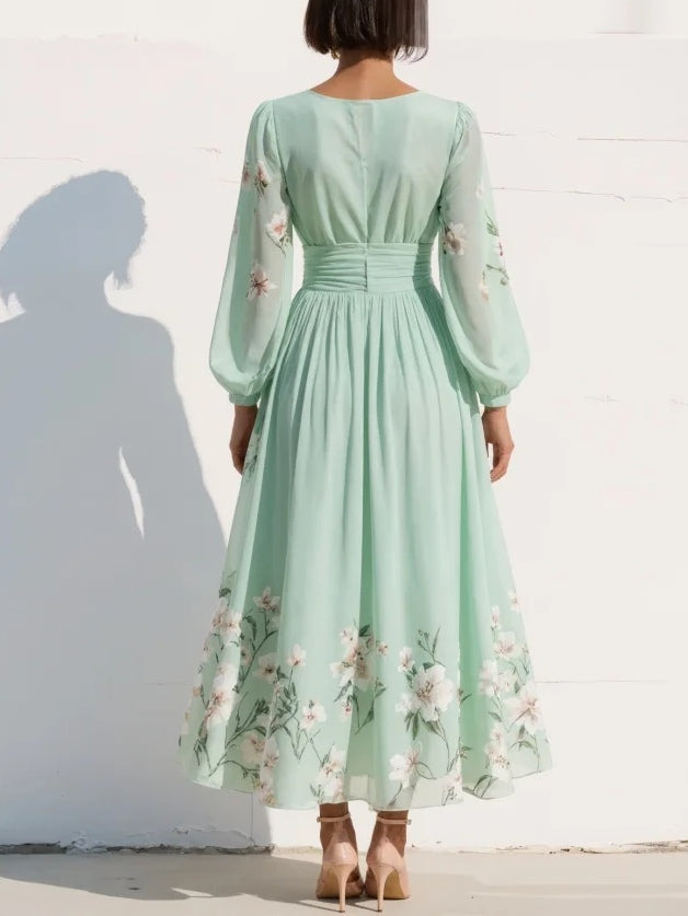 Floral Print Deep V-Neck Long Sleeve Pleated Maxi Dress 5