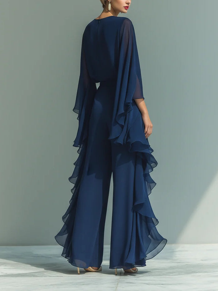 Round Neck Cape Sleeve Wide Leg Chiffon Jumpsuit 3