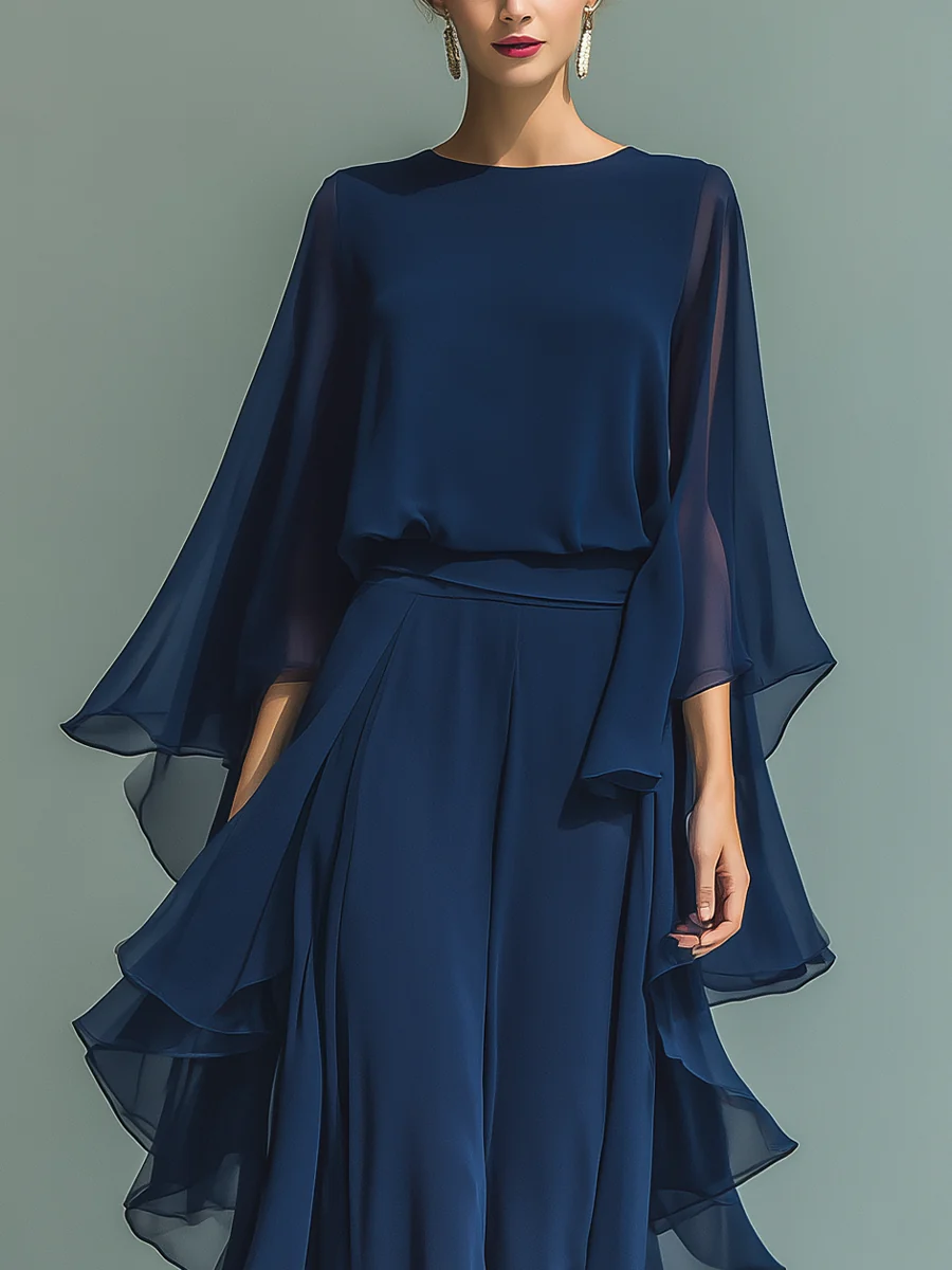 Round Neck Cape Sleeve Wide Leg Chiffon Jumpsuit 4