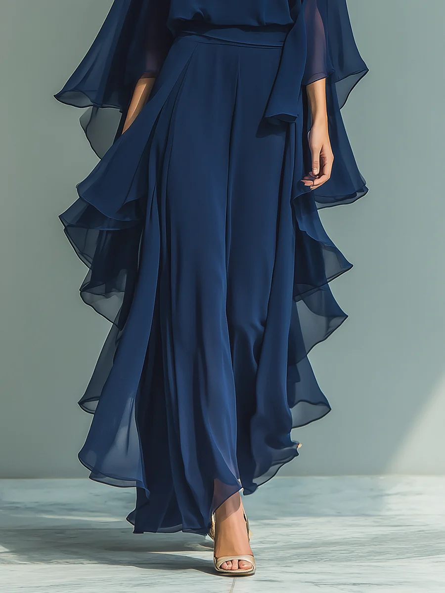 Round Neck Cape Sleeve Wide Leg Chiffon Jumpsuit 5