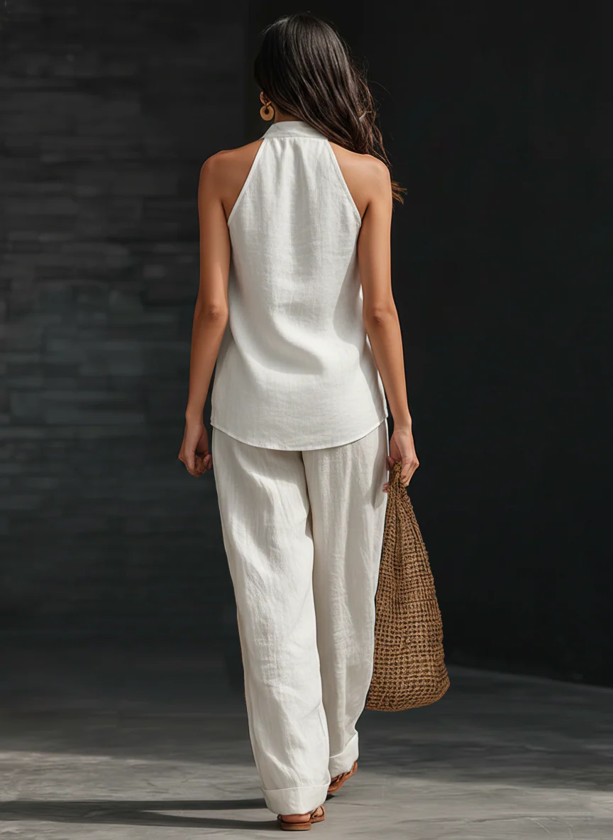 Halter Deep V-Neck Sleeveless Top and Wide Leg Pants Two Piece Set 5