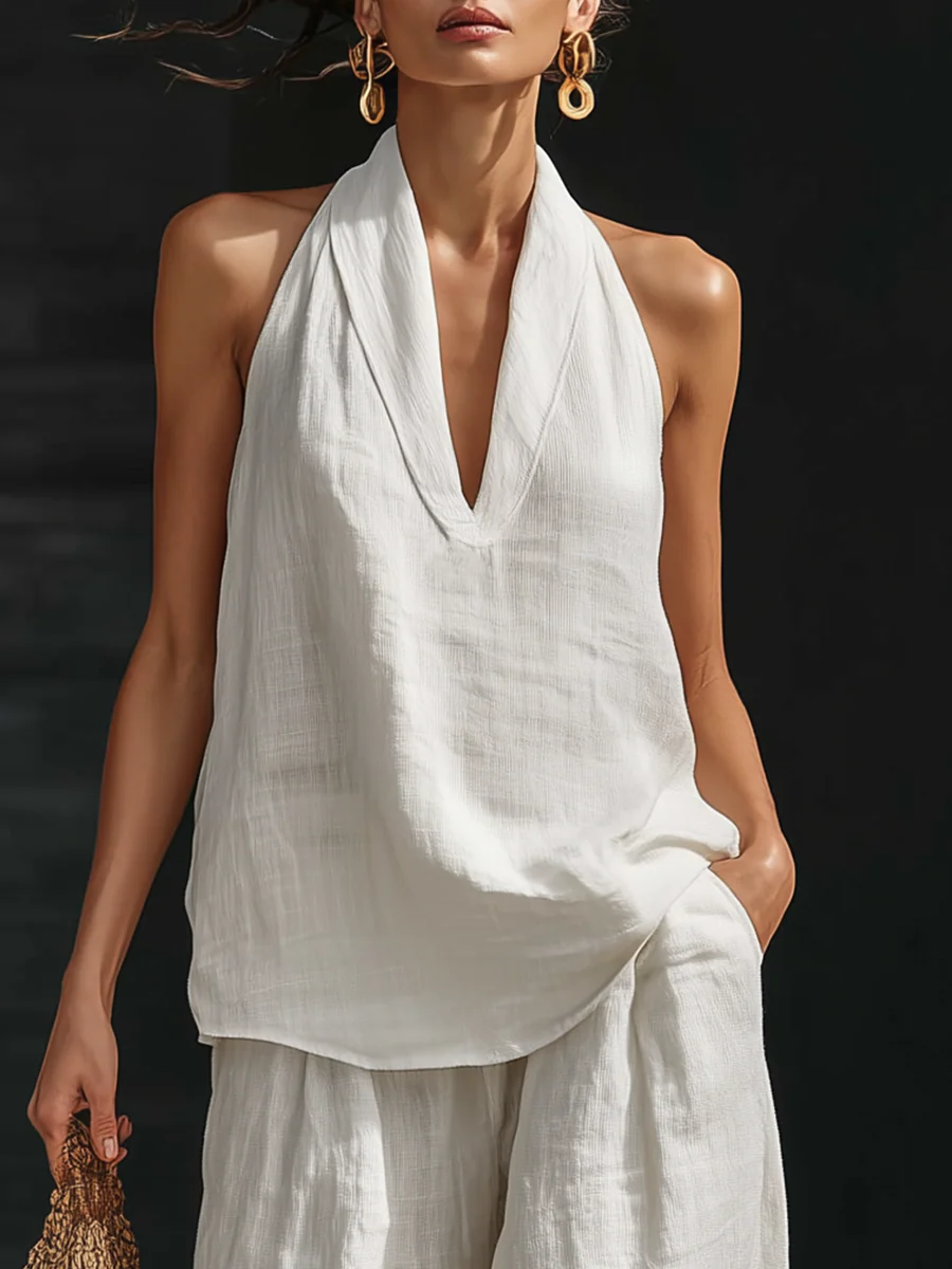Halter Deep V-Neck Sleeveless Top and Wide Leg Pants Two Piece Set 6