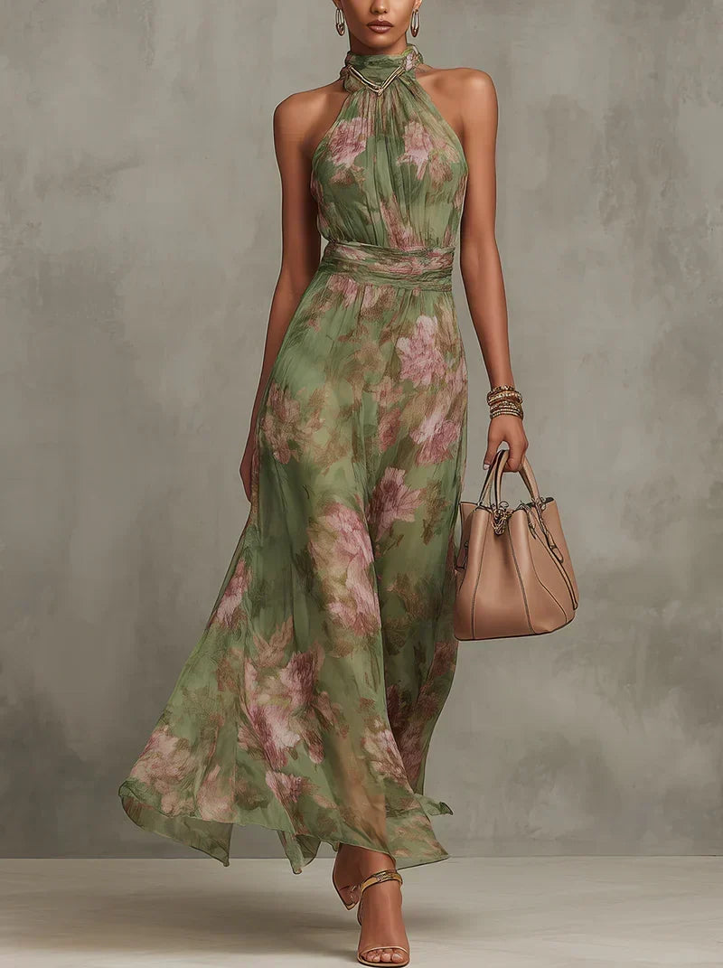Floral Halter Neck Sleeveless Maxi Dress