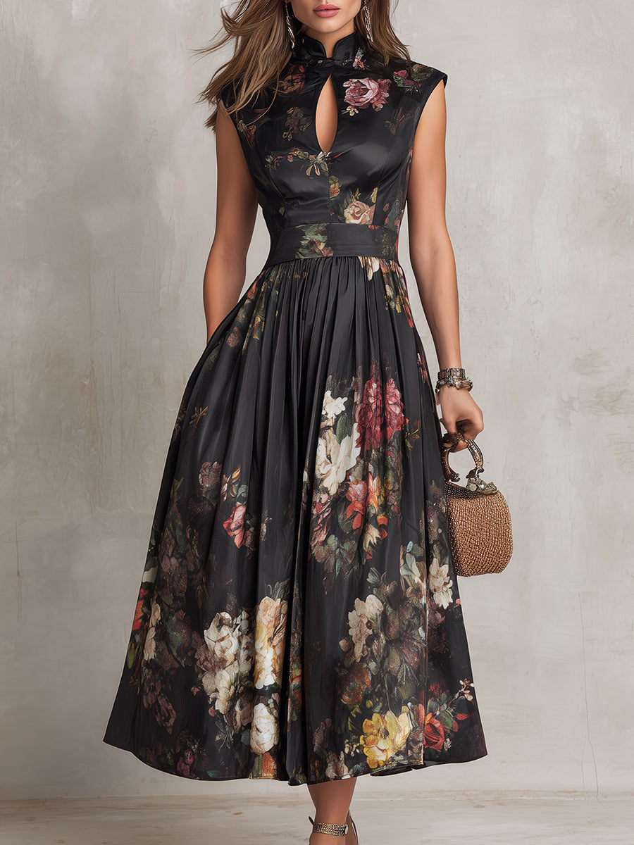 Floral Satin Keyhole High Neck Pleated Midi Dress Cocktail 3