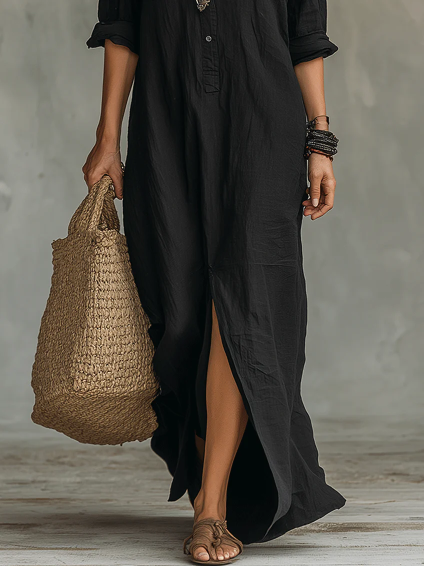 Collared Button Front Long Sleeve Side Split Shirt Maxi Dress 7