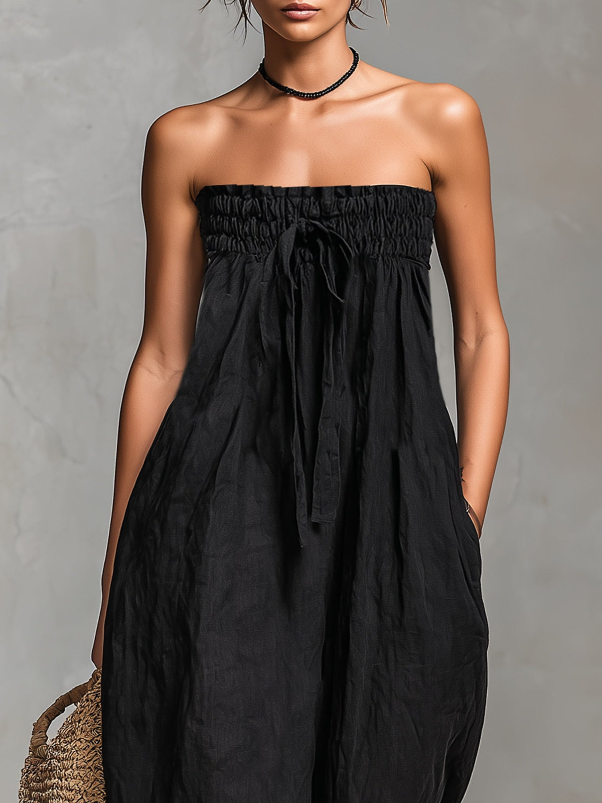 Strapless Smocked Drawstring Wide Leg Jumpsuit 4