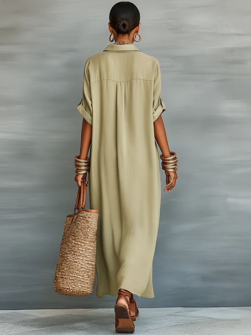 Button Front Collared Long Sleeve Maxi Shirt Dress 2