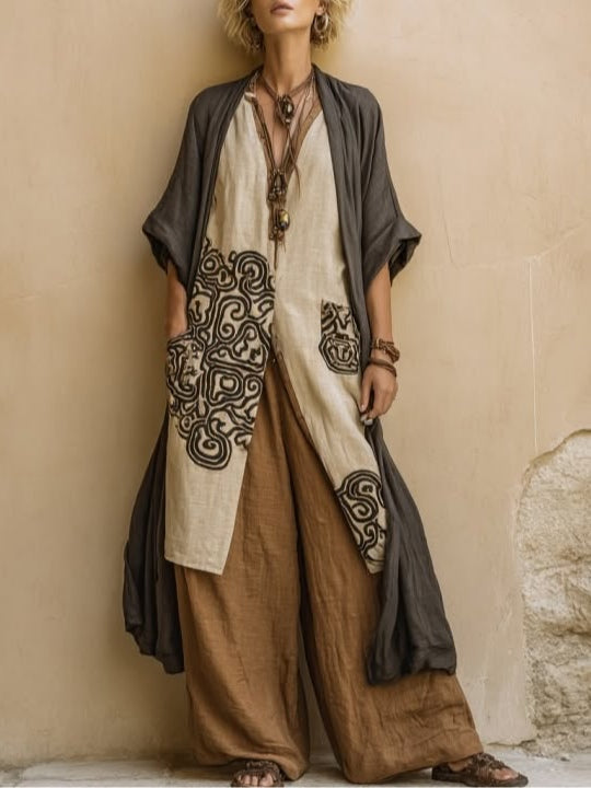 Embroidered Tunic Wide Leg Pants and Duster Three Piece Set