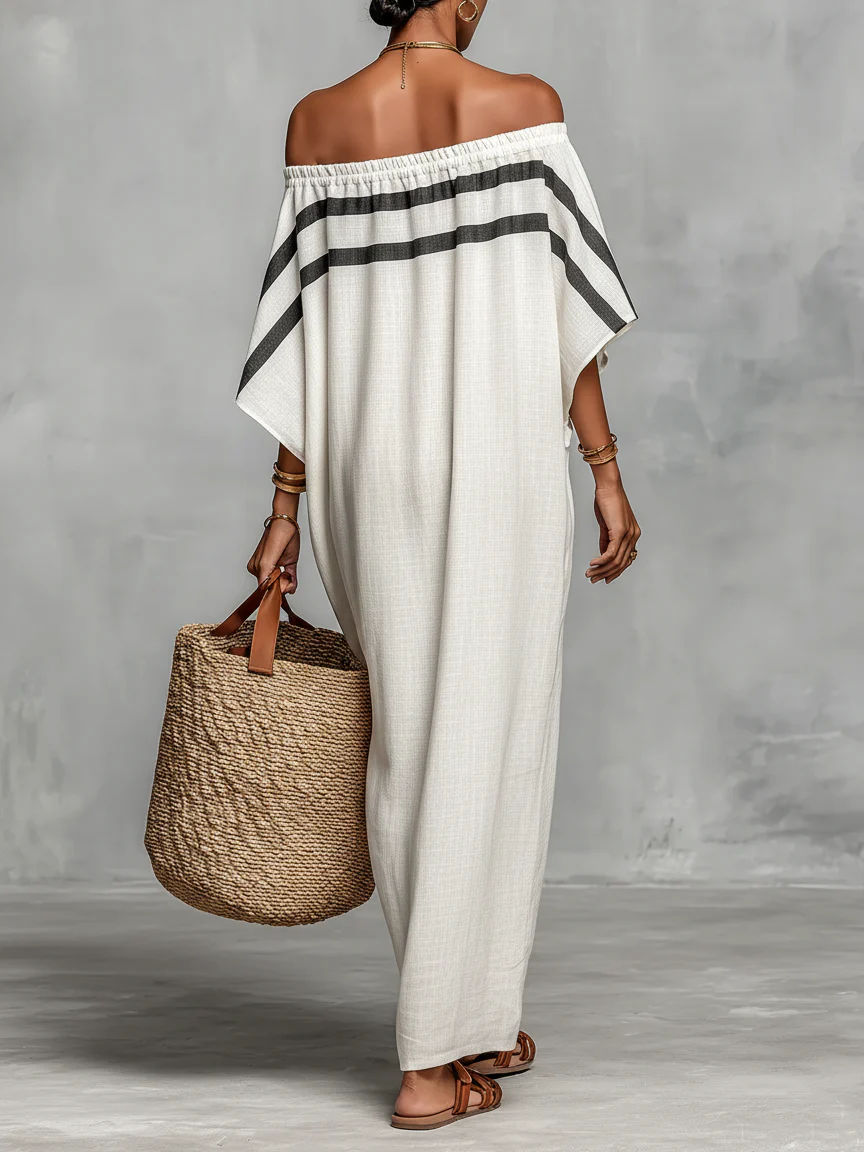 Striped Off Shoulder Batwing Sleeve Oversized Maxi Dress 2