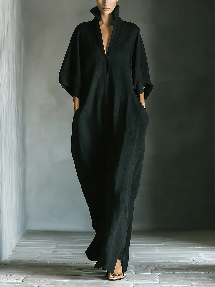 Stand Collar Deep V-Neck Batwing Sleeve Pocket Maxi Dress