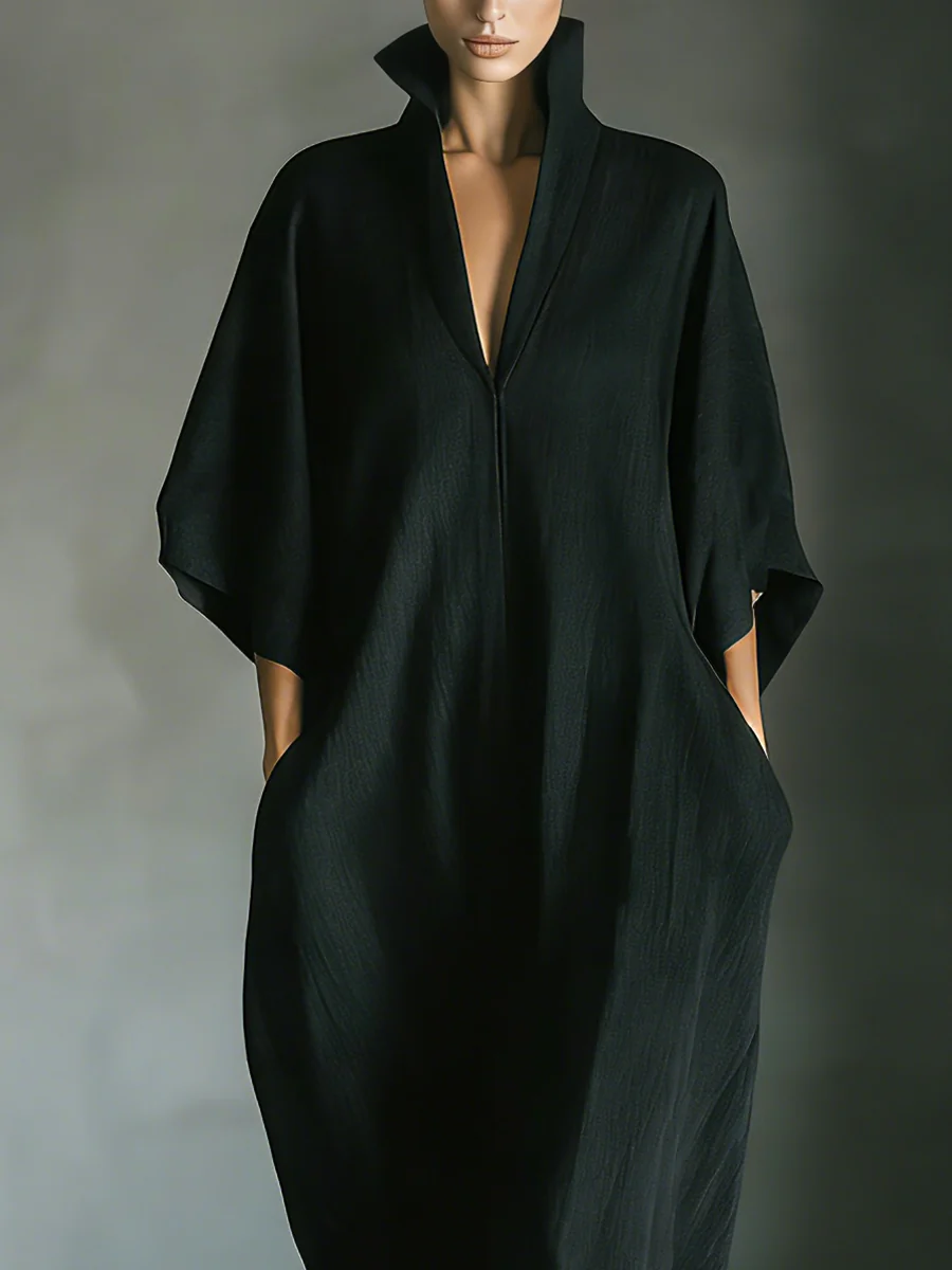 Stand Collar Deep V-Neck Batwing Sleeve Pocket Maxi Dress 4