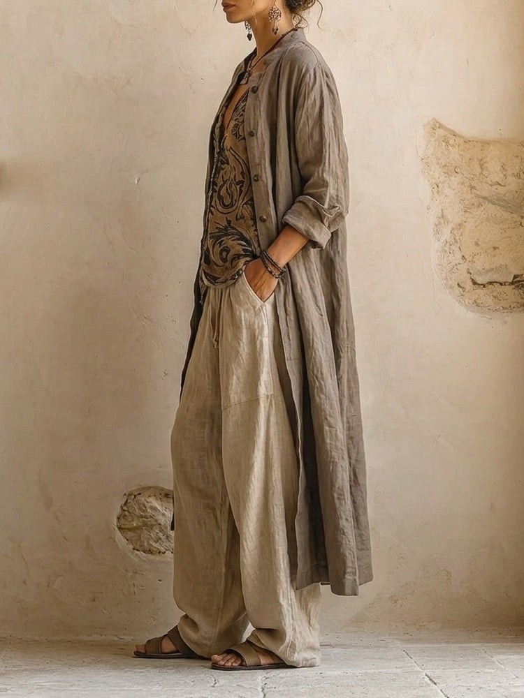 Linen Look Duster Printed Vest and Wide Leg Pants Three Piece Set 5