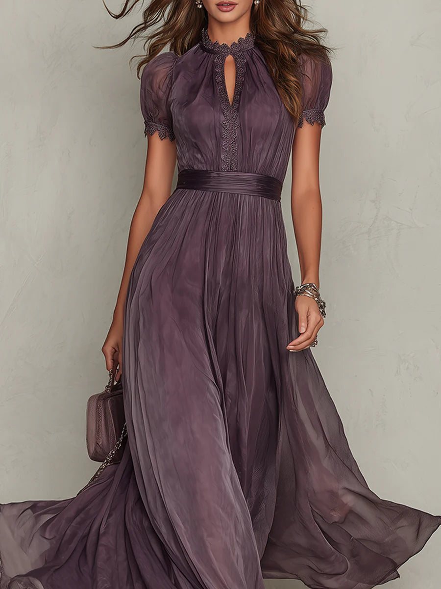Mock Neck Keyhole Short Sleeve Pleated Chiffon Maxi Dress 4