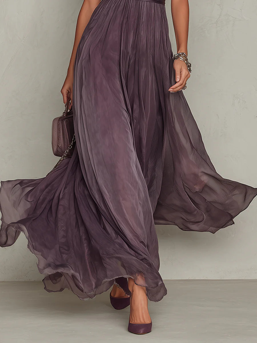 Mock Neck Keyhole Short Sleeve Lace Trim Chiffon Maxi Gown 5