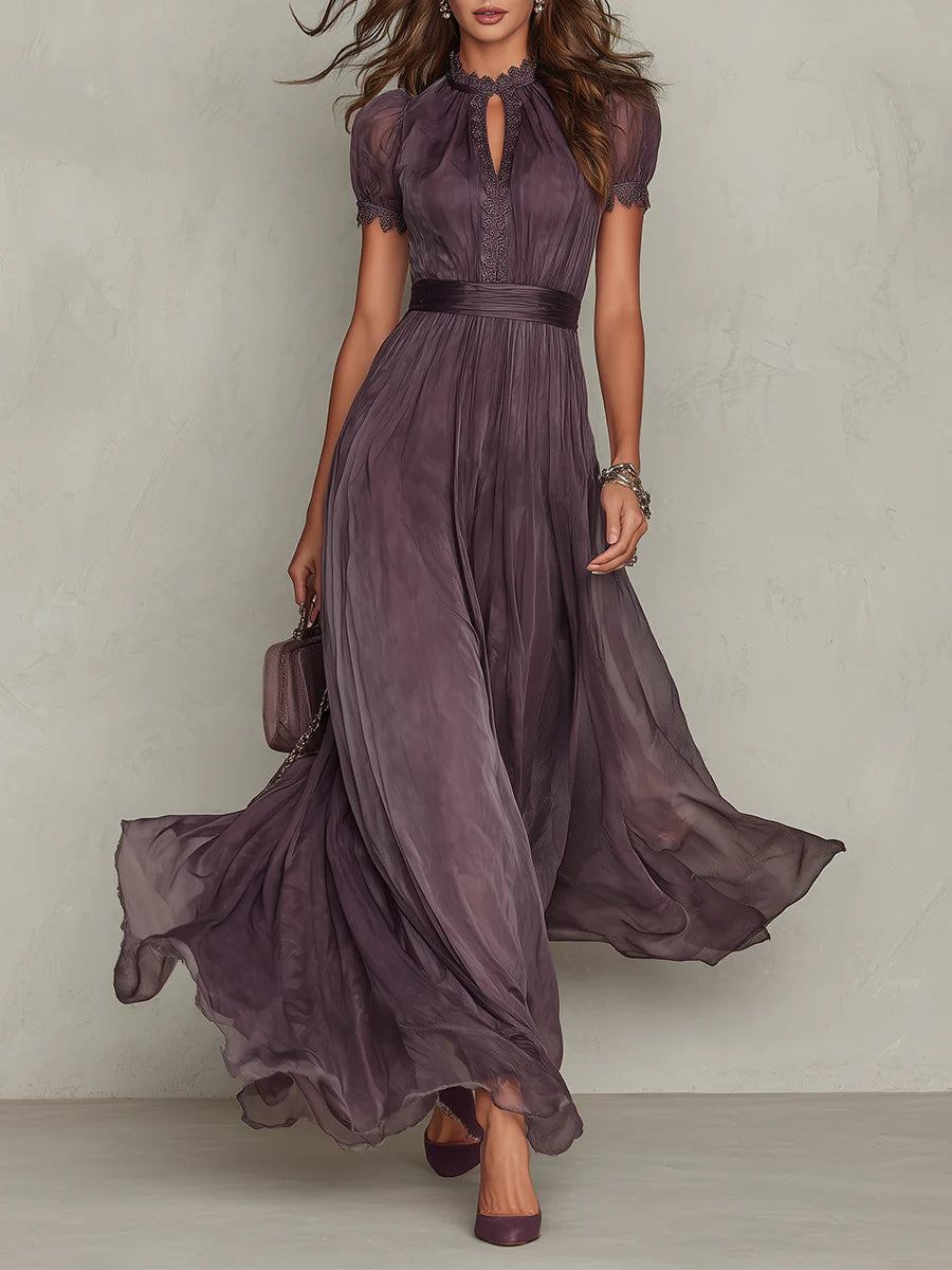 Mock Neck Keyhole Short Sleeve Pleated Chiffon Maxi Dress