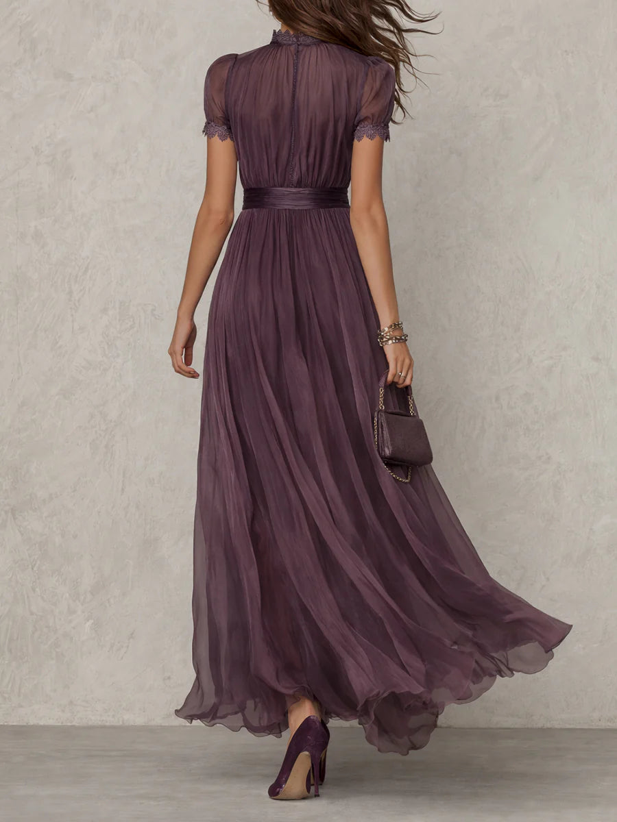 Mock Neck Keyhole Short Sleeve Pleated Chiffon Maxi Dress 3
