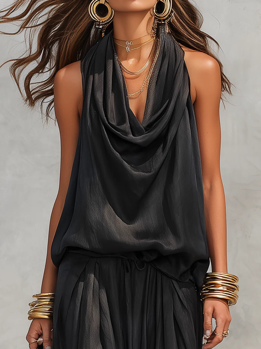 Cowl Neck Sleeveless Draped Satin Look Harem Jumpsuit 4