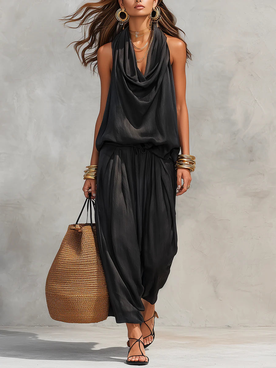 Cowl Neck Halter Top and Drawstring Wide Leg Pants Two Piece Set 2