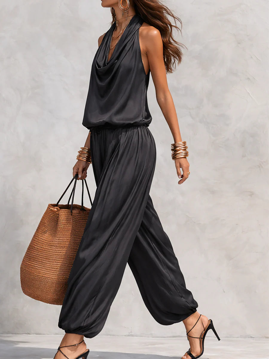 Cowl Neck Halter Top and Drawstring Wide Leg Pants Two Piece Set 4