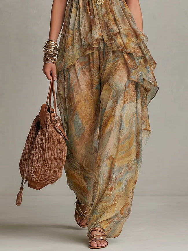 Abstract Print Halter Ruffle Top and Wide Leg Pants Set 4